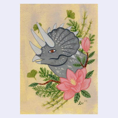 Illustrative painting of a gray triceratops, seen only from the neck up. It is surrounded by a bouquet of pink flowers and green leaves. Background is an earth tone yellow and gray.