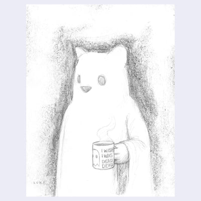 Graphite illustration of a cartoon style bear  in a ghost costume while holding a mug.