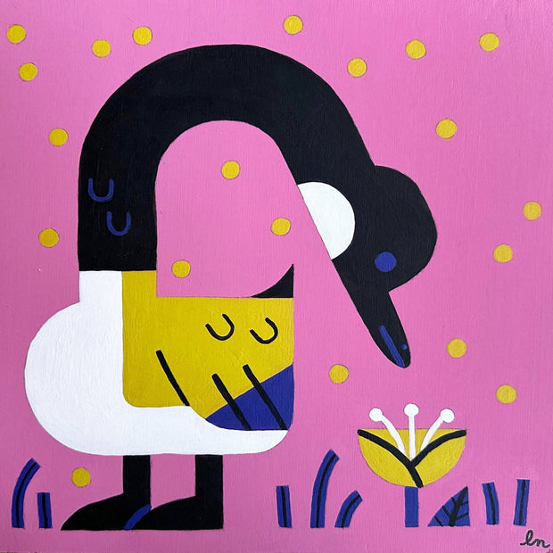 Painting of a goose done in a color block style, with its neck craned behind itself and looking at a blooming yellow flower. Background is salmon pink with yellow polka dots.