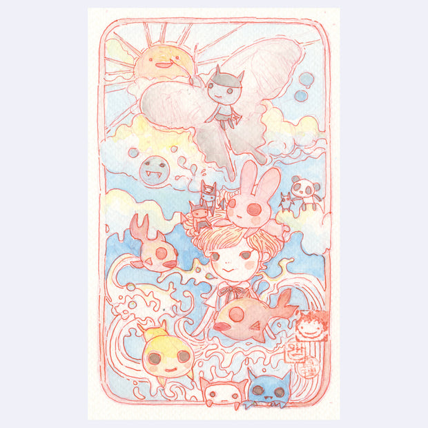 Red ink line art illustration with pastel watercolors of a girl surrounded by many cute creatures in an ocean setting, with a large butterfly overhead flying into clouds and a shining smiling sun.