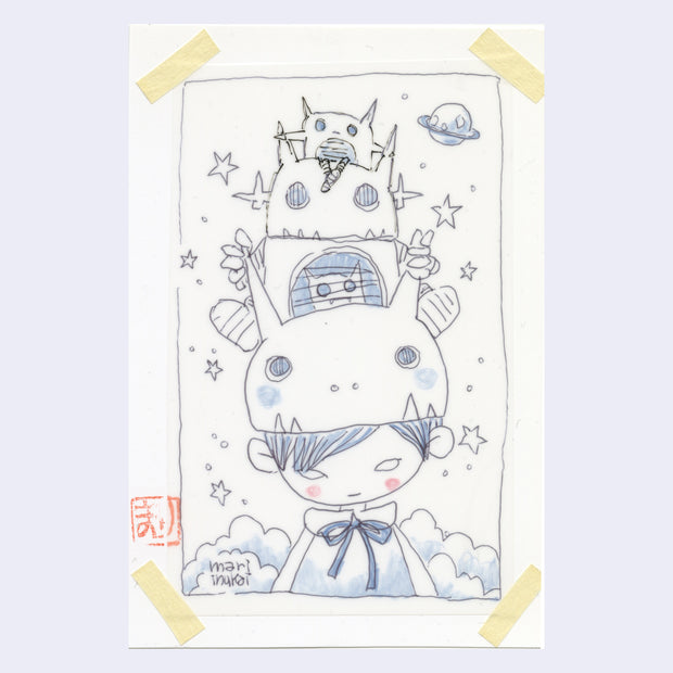 Blue illustration of a girl with a robot shaped hat with various robot characters stacked atop of it. 