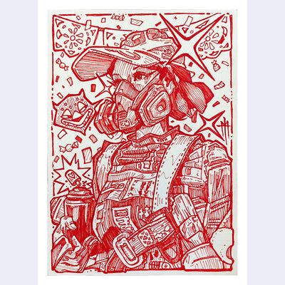 Red ink illustration of a girl with bold eyeliner, a baseball cap and a respirator mask She holds a can of spray paint and lots of cartoonish details are around her.