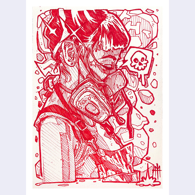 Red ink illustration of a woman with short bangs and her hair up, wearing a respirator and looking down. Around her are cartoonish accent doodles.