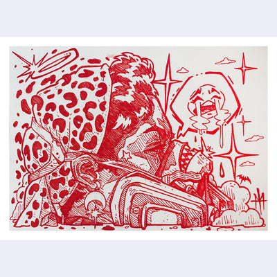 Red ink illustration of a person wearing a leopard print head scarf and a respirator mask, looking off to the side. Around are various doodles, such as a crying emoji and a halo.