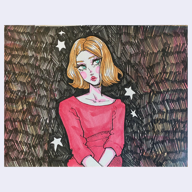 Marker illustration of a girl sitting with a pouty face. Background is colored in with color and then black marker over it.