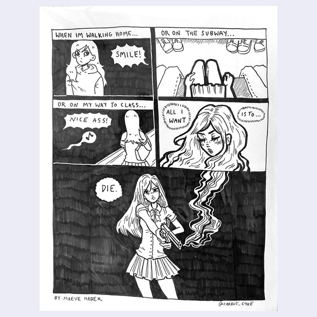 Black and white 5 panel comic about a girl getting harassed.