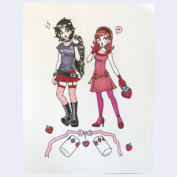 Marker illustration of Nana fan art, with both Nana's in their recognizable outfits and with strawberry glasses below them.