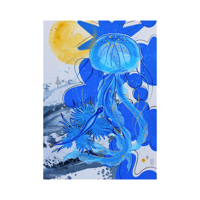 Painting of a blue jellyfish with a blue amoeba or fish in front. Background consists of blue abstract shapes and a tiny silhouette standing under a yellow moon.