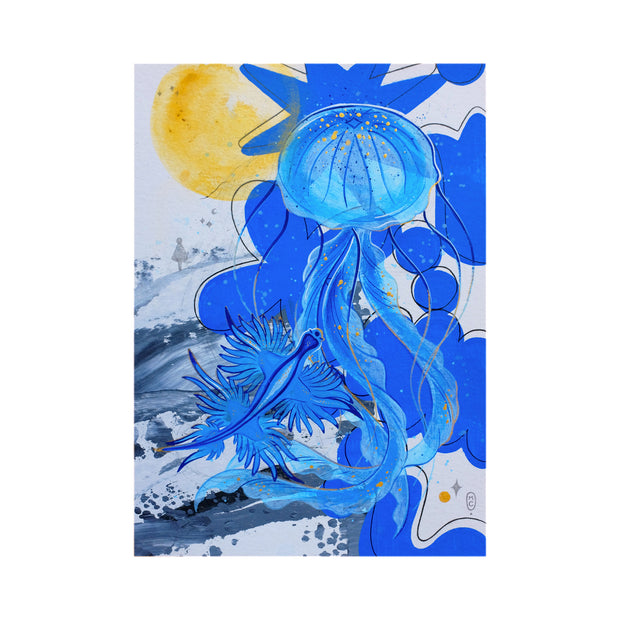 Painting of a blue jellyfish with a blue amoeba or fish in front. Background consists of blue abstract shapes and a tiny silhouette standing under a yellow moon.