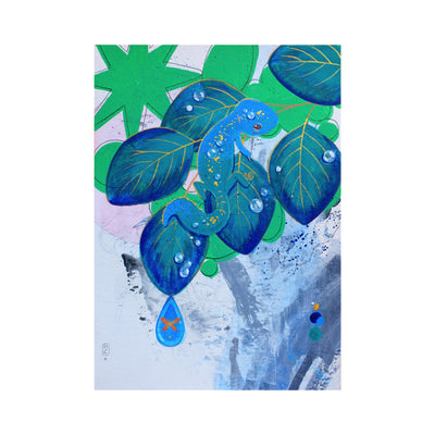 Painting of a blue gecko on blue leaves with several green abstract shapes in the background. A small silhouette is at the bottom of the piece, looking at a water droplet falling from the leaf.