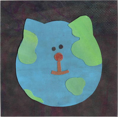 Cut paper collage of a round blue and green cat head, shaped and designed like the earth aside from its cat ears. It has a small set of black eyes and a red nose and smile. Background is black.