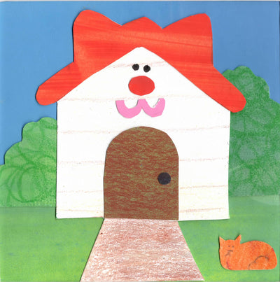 Cut paper collage of a white simplistic house with a red roof with cat ears. A cat face is on the front of the house, above a brown door. A small orange cat sits on the front lawn.