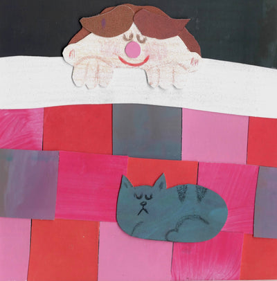 Assembled cut paper collage of someone sleeping under a large patchwork quilt of pink, red and gray fabric. A gray cat sleeps on top of the quilt.