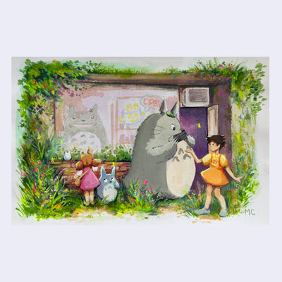 Watercolor illustration of a storefront, heavily covered in overgrown foliage. Totoro stands in the doorway and puts on a small black mask. Little girls stand around him and one points to a Totoro standee in the store window.