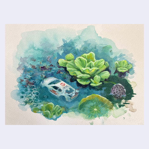 Watercolor painting of a close up pond scene, with water plants and a small toy car mostly submerged. It has a red robot head decal on the side and a license plate that reads "GNTRBT"