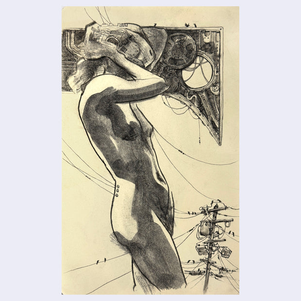 Charcoal illustration on cream colored paper of a nude woman, standing and covering her face with her arms and a mechanical robot helmet.