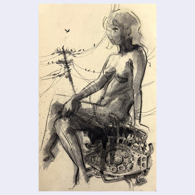 Charcoal illustration on cream colored paper of a nude woman, sitting on a car engine.