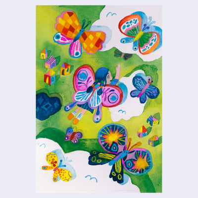 Colorful illustration of a girl with colorful butterfly wings flying in the sky with many other colorful butterflies. Viewer looks down on the scene, similar to an aerial view with clouds and small houses below.