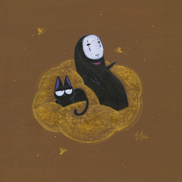 Painting on a gold toned brown background of a stylized Jiji from Kiki's Delivery Service and No Face from Spirited Away, sitting atop of a golden cloud and floating with golden butterflies flying around.