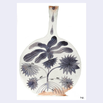 Painting of a light gray vase with a floral pattern with small ants walking on the stem and leaves.