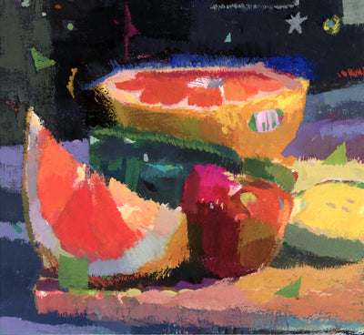 Painting done in a fuzzy rendering of a cup grapefruit. On a cutting board with other veggies and fruits.