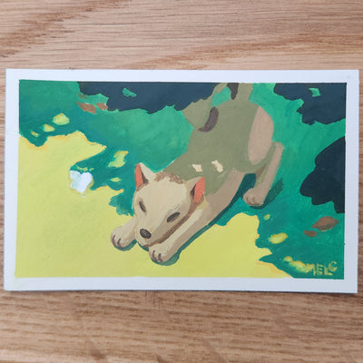 Painting of a brown dog, seen overhead, stretching its front legs under the shade of a tree. A small butterfly flutters by.