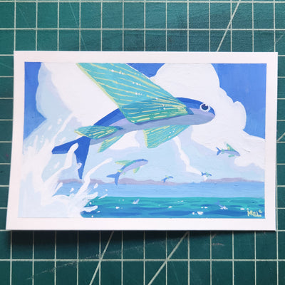 Painting of a flying fish, splashing out of a large body of water against a cloudy blue sky.