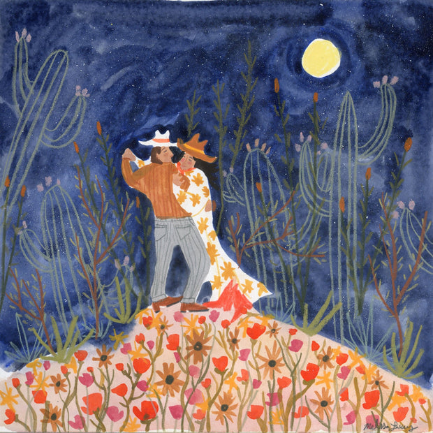 Painting of a couple dressed in a Western style in earth tones and cowboy hats, dancing together atop a hill of red and yellow flowers. Background is a starry night sky with line art drawings of cacti and desert foliage.