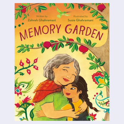 Book cover for "Memory Garden" featuring illustration of a grandmother and daughter hugging under a pomegranate tree at sunset.