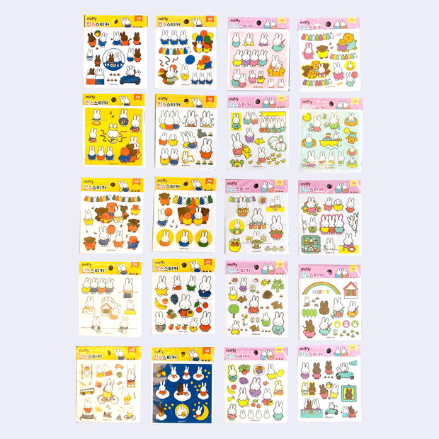 20 different varieties of Miffy themed sticker packs and sheets. 