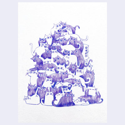 Purple colored pencil illustration on white paper of a pile of cats, half of them are purple and the other half are white. The pile is very dense and tall, with the cats overlapping one another.