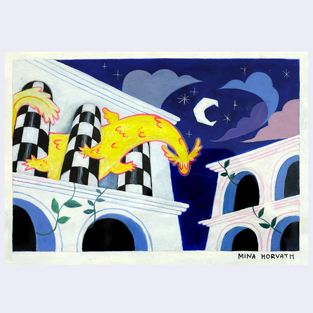 Painting of a large yellow cartoon dragon, weaving through an the columns of an outdoor building with arches against a dark blue night sky and crescent moon.