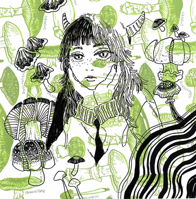 Ink drawing on a background of green mushroom pattern paper. A woman with horns has her head perched in her hands, with more mushrooms drawn around her.