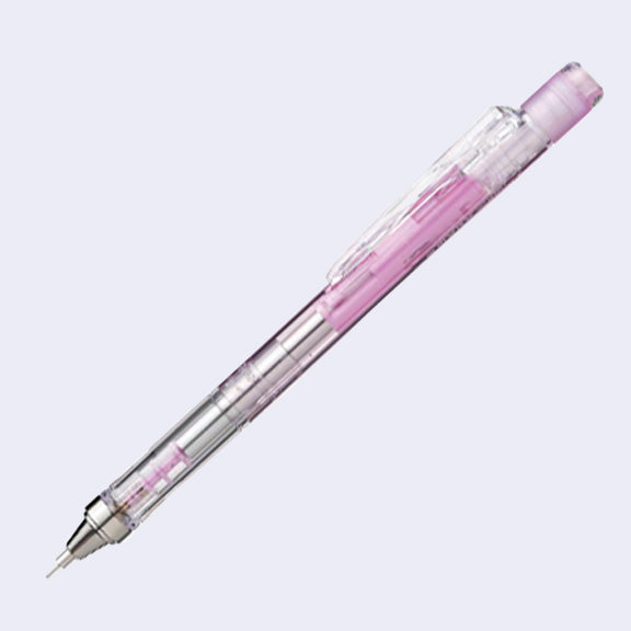 Mechanical pencil with a clear body and a pink interior.