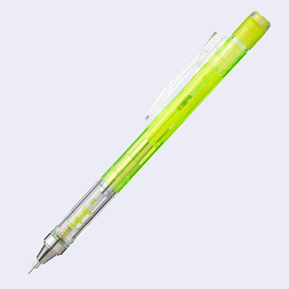 Mechanical pencil with a clear body and a lime green interior.