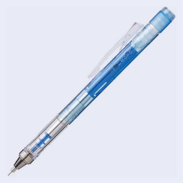 Mechanical pencil with a clear body and a blue interior.