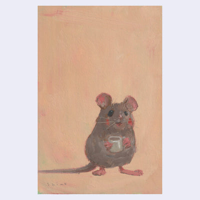 Painting of a small, cute brownish gray mouse with rosy cheeks holding a cup of coffee. Background is a muted orange.