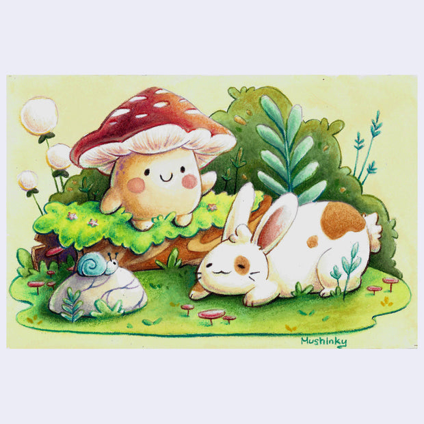 Colored pencil illustration of a large white rabbit with brown spots. It rests in a patch of grass, with a cartoon mushroom character waving from a mossy log behind.