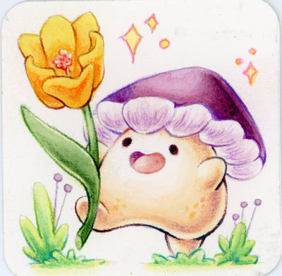 Small colored pencil illustration of a cartoon mushroom with a purple cap and a smiling, open mouth expression. It has its arms up in front of a freshly plucked yellow flower.