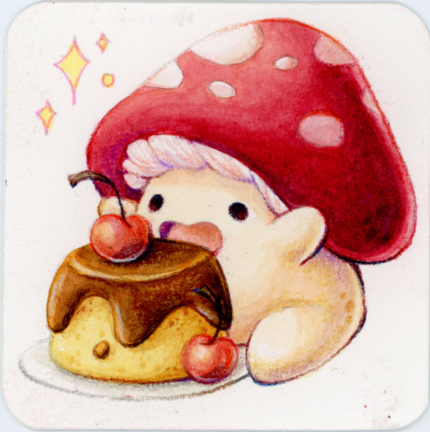 Small colored pencil illustration of a cartoon mushroom with a red cap and a smiling, open mouth expression. It sits in front of a pudding with thick caramel on top and cherries decorating it.