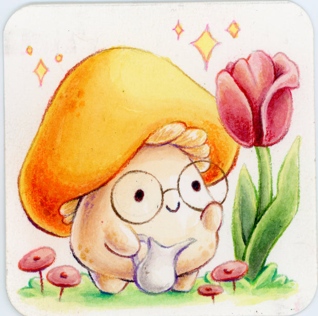 Small colored pencil illustration of a cartoon mushroom with a yellow cap, glasses and a smiling, cute expression. It holds a small watering can and looks at a large red tulip.