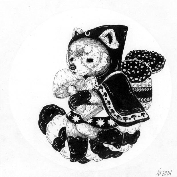 Black ink illustration on white paper of a red panda with a very fluffy tail, wearing a clock with embroidered mushrooms. It holds a book and a large mushroom, with more in its pack on its back.