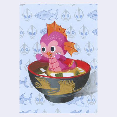 Painting of a pink mini kaiju with a cute expression and orange fins. It sits in a both of miso soup. Background is light blue with a repeating pattern of fish and Japanese robot. 