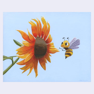 Painting of a large orange sunflower with a small cartoon bee flying up to it. Background is light blue.