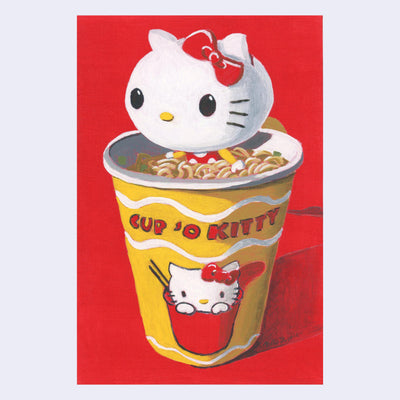 Painting of a stylized Hello Kitty sitting in a cup of instant ramen noodles, with herself featured in the product package design. Background is bright red.