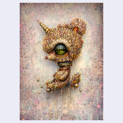 Very highly rendered fantasy mouse creature with a horn and textured fur. It faces to the side and a landscape is reflected in its large eye. Background is textured, mostly muted blues and pinks and yellows.