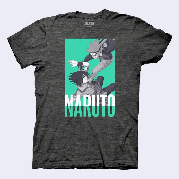 Dark gray t-shirt with a mint colored square with a greyscale graphic of Naruto and Sasuke fighting one another.