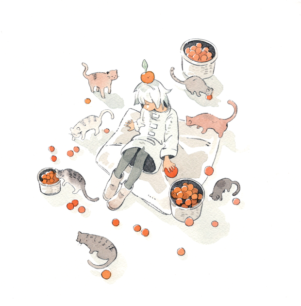 Illustration of a girl wearing a white coat and sitting on a white blanket on the ground. She sits next to a basket filled with orange fruits. Small cats walk around her, interacting with the floor and the fruit.