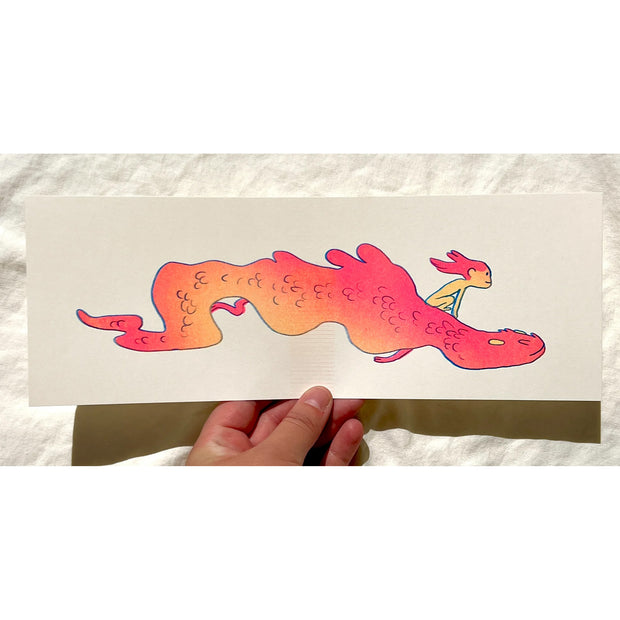 Illustration of a hot pink and orange blob creature, long like a dragon or a snake. A small nude girl with matching hot pink hair sits on its back.