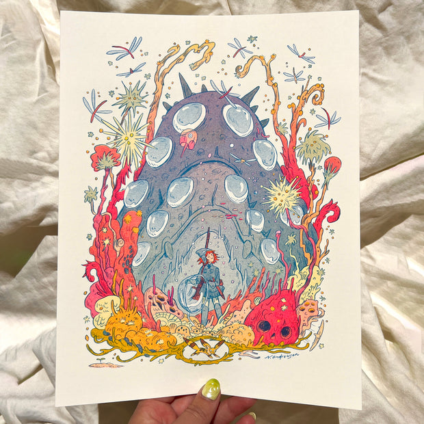 Risograph print of a small armored character standing in a forest of many interesting sci fi plants and rocks. Behind it is a very large grub style bug with many eyes.